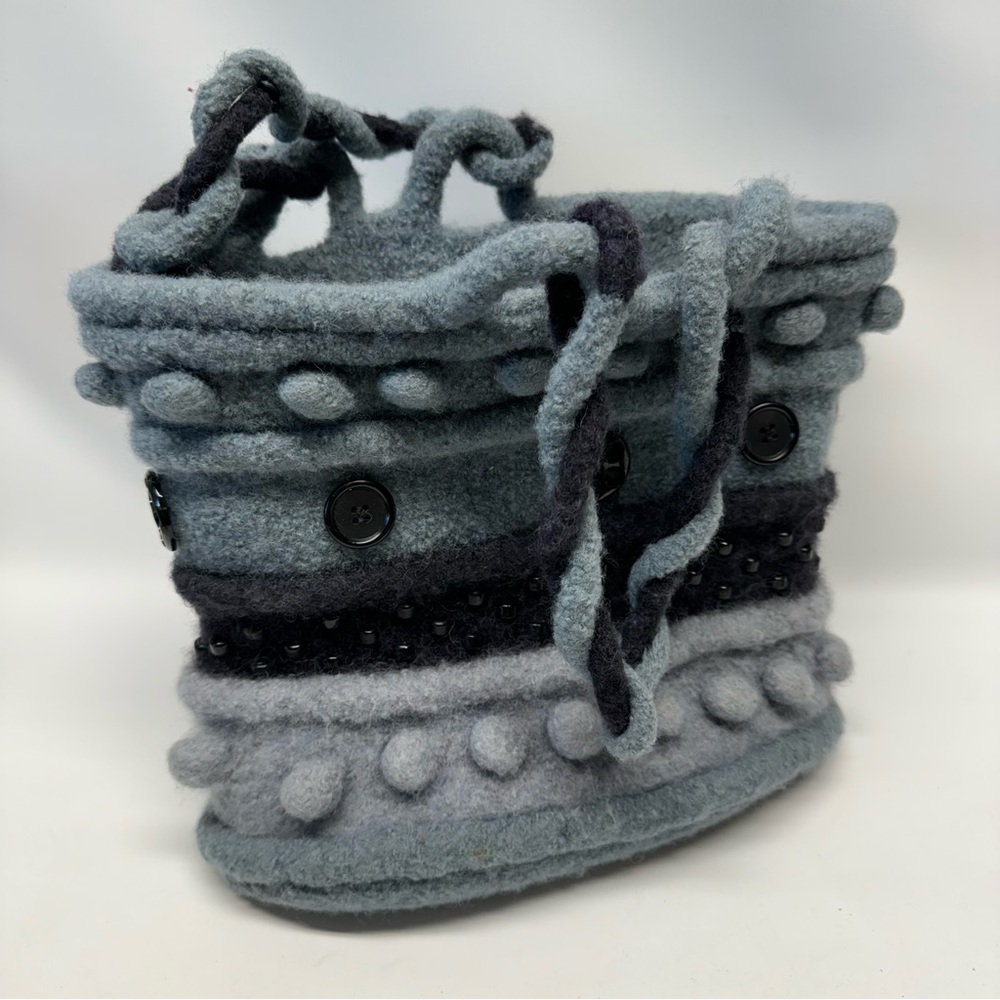 BOHO Handmade Felt Knit Handbag Purse Blue Black Buttons Braided Handles UNIQUE!